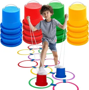 8 Pairs Balancing Stilts for Kids Walking Stilts Toys Sports Platform Stilts with Hopscotch Ring Game 10 Multi Colored Plastic Rings and 10 Connectors for Coordination, Strength, Active Play
