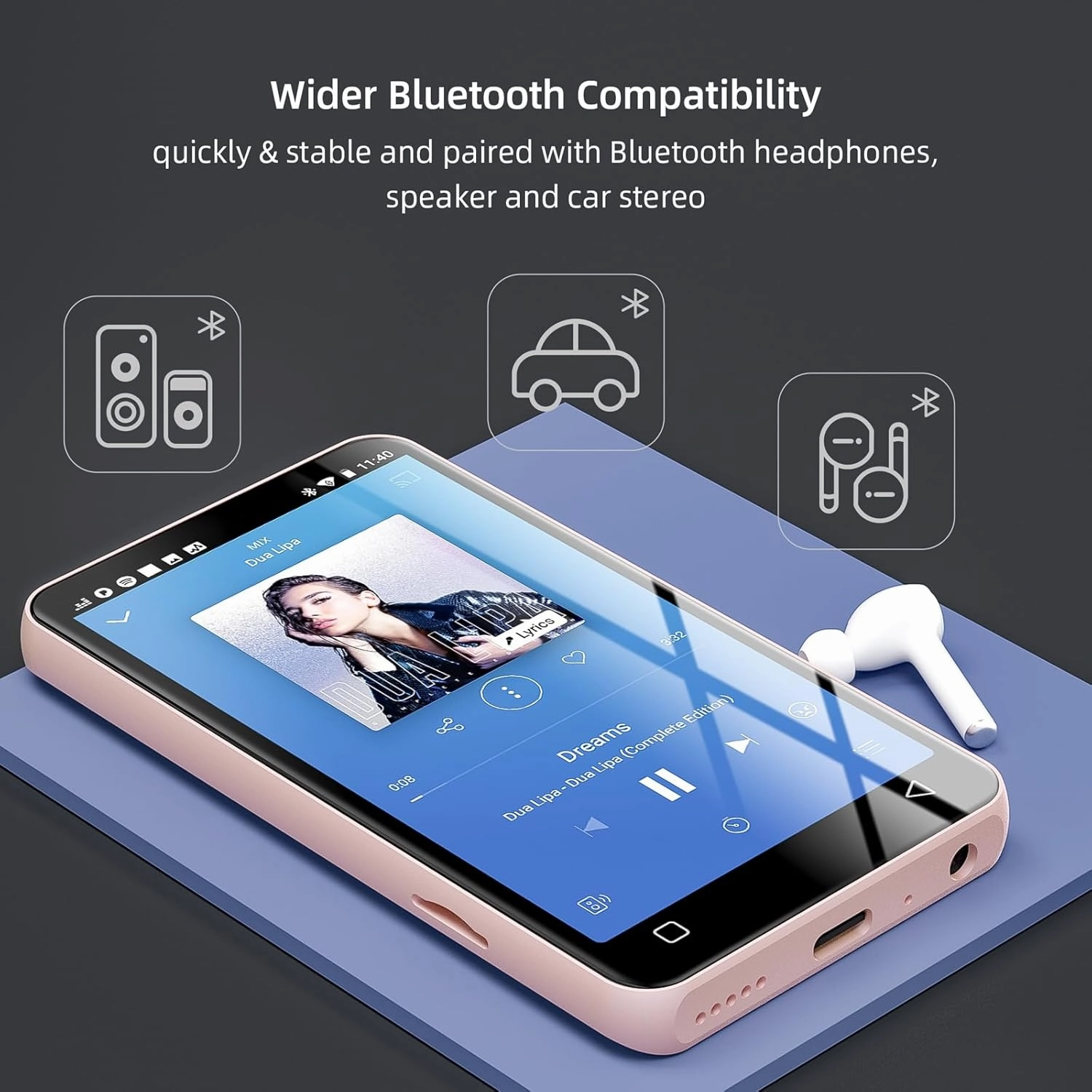 80GB MP3 Player with Bluetooth and WiFi, MP4 MP3 Player with Spotify,Spotify Kids,4" Music Player with Pandora, Audible, MP3 Player with Speaker (Pink_White)