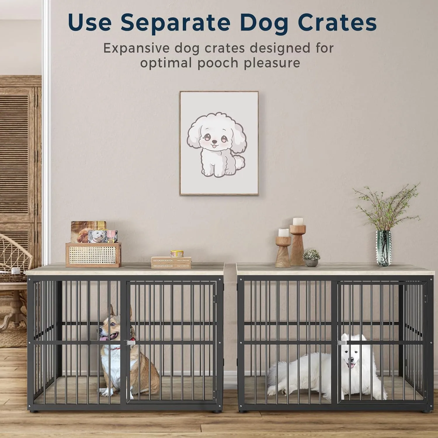 86.62''Dog Crate Furniture Large Breed TV Stand with Double Rooms,Wooden Dog Kennel Dog Crate End Table with Removable Divider for Large Medium Dogs, Can Use Separately