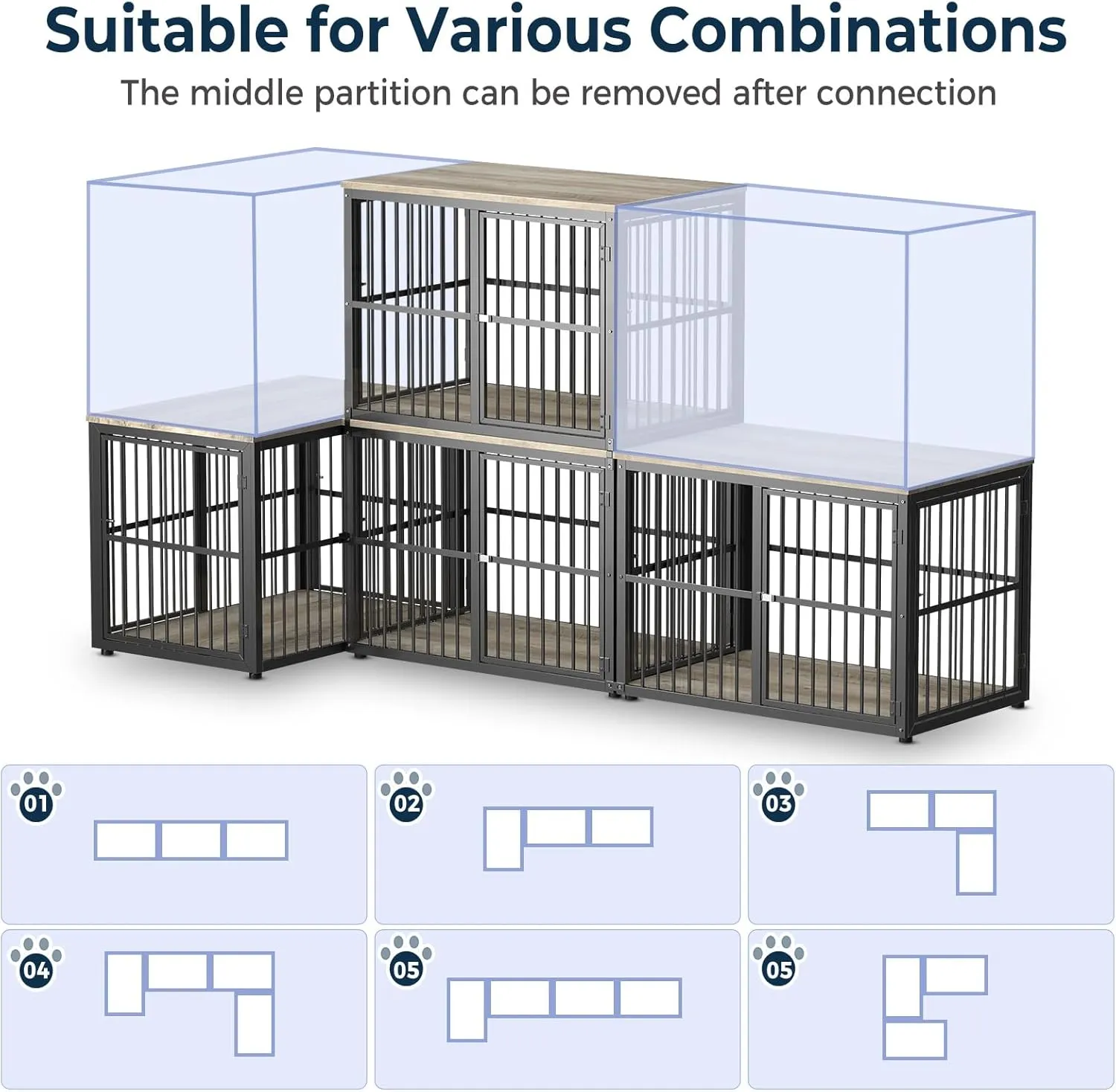 86.62''Dog Crate Furniture Large Breed TV Stand with Double Rooms,Wooden Dog Kennel Dog Crate End Table with Removable Divider for Large Medium Dogs, Can Use Separately