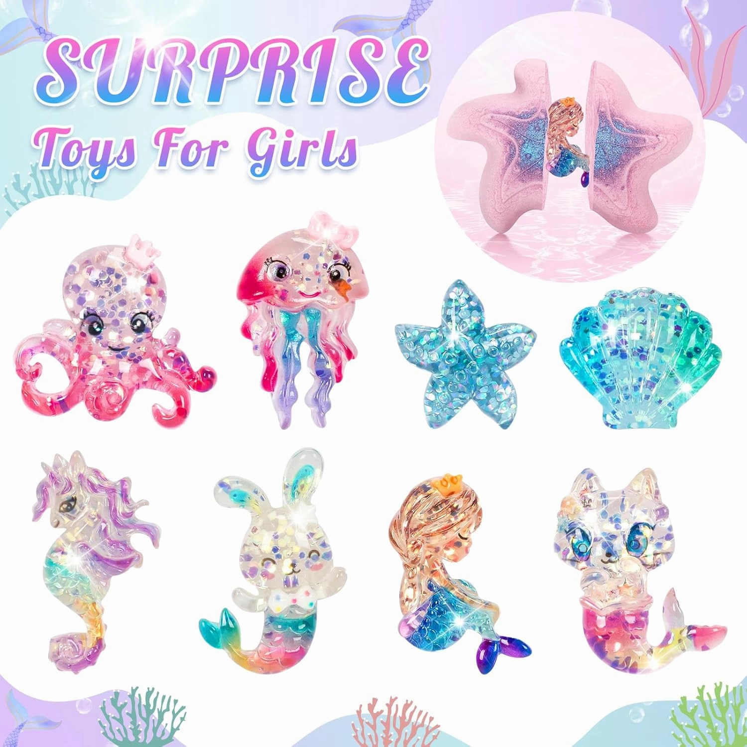8 Packs Bath Bombs for Kids Girls, Bath Bomb with Surprise Toys Inside, Bath Toys for Kids Aged 4-8, Easter Basket Stuffer Gifts for Girls 3 4 5 6 7 8