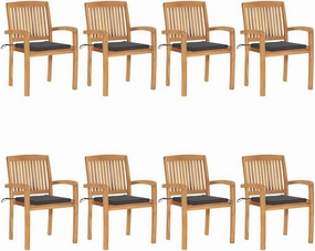8-Piece Stackable Teak Wood Patio Chairs with Cushions, Outdoor Furniture Set for Dining, Poolside, Beach, Camping, Anthracite Fabric Seating, Water-Resistant Hardwood Design