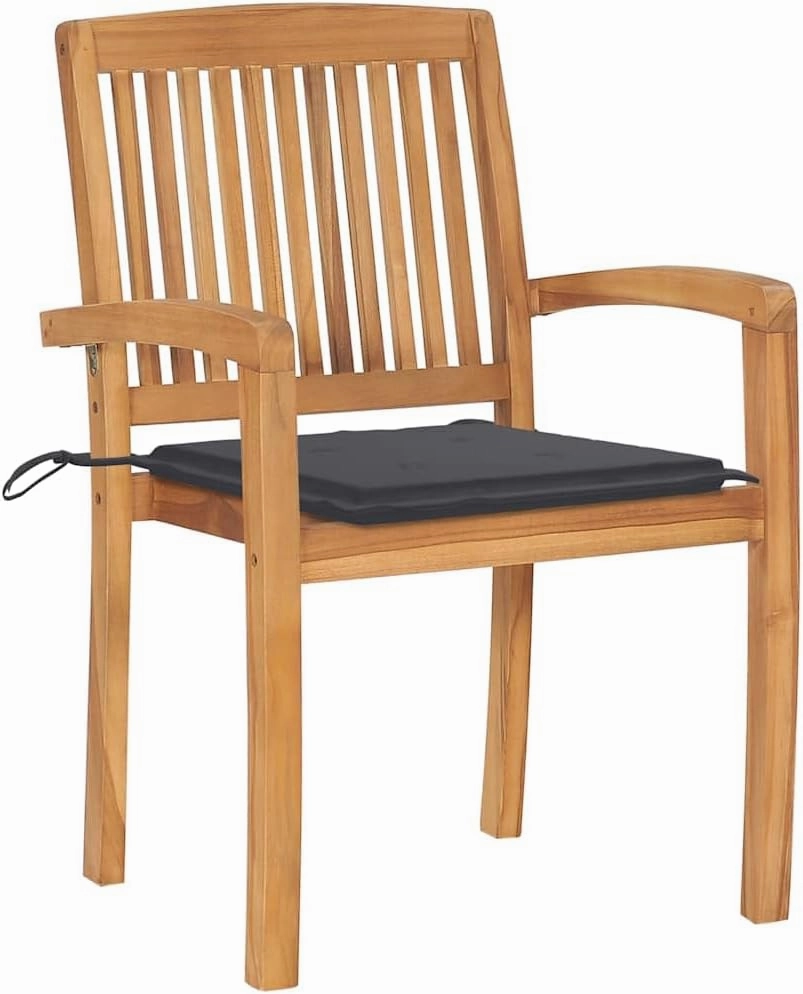 8-Piece Stackable Teak Wood Patio Chairs with Cushions, Outdoor Furniture Set for Dining, Poolside, Beach, Camping, Anthracite Fabric Seating, Water-Resistant Hardwood Design
