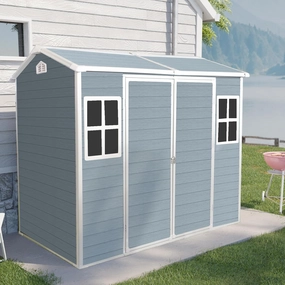 8 x 4 FT Outdoor Storage Shed, Outdoor Resin Shed with Two-Window and Double-Door, Plastic with Floor for Gargen, Patio, Yard, Lawn (Gray)