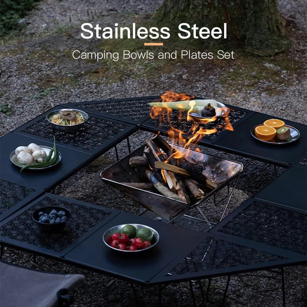 8pcs Stainless Steel Plates and Bowls Set Camping Dinner Dish Set with Carry Bag for Camping Hiking Backpacking Picnics