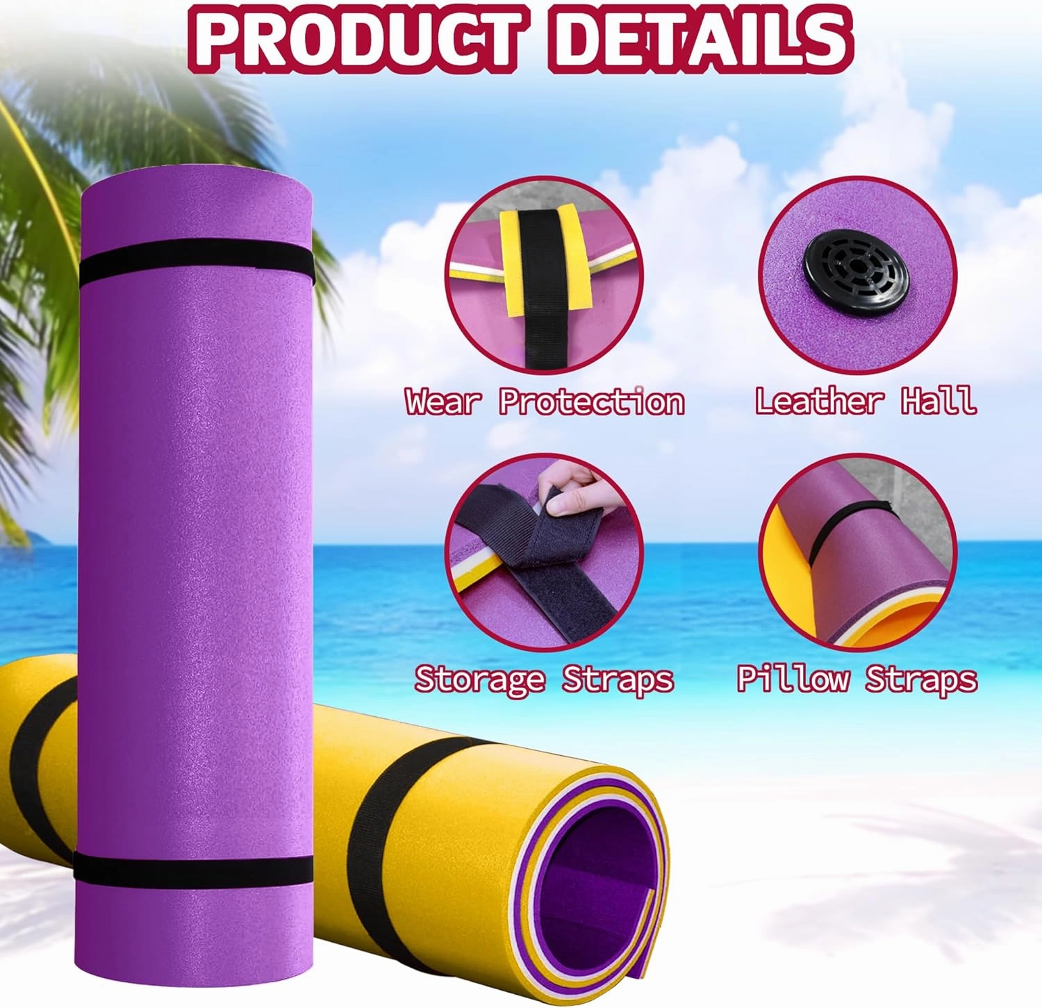 8x3 FT Floating Mat, Lily Pad Floating Water Mat 3 Layers XPE Foam, Foam Pad with Rolled Pillow for Water Activities and Relaxing on Pool, Beach, Ocean, Lake