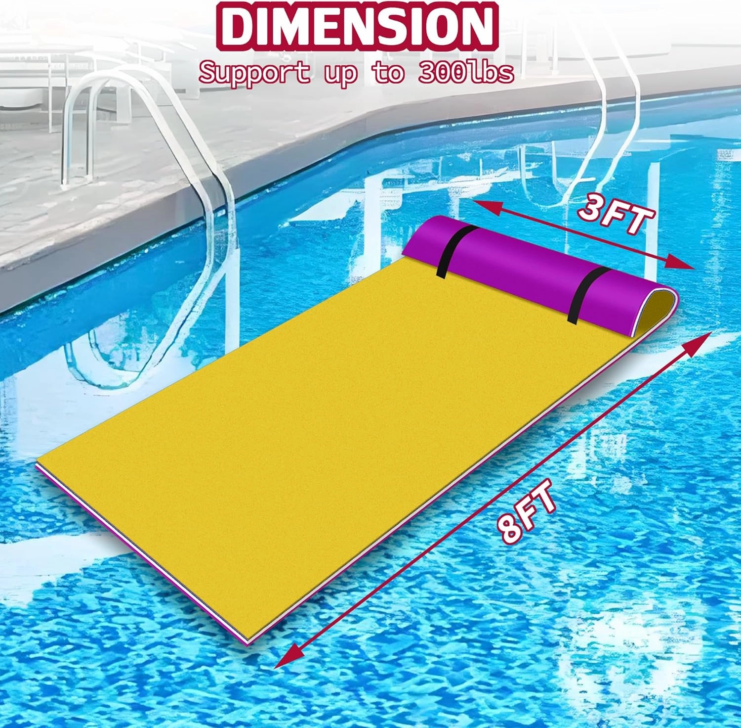 8x3 FT Floating Mat, Lily Pad Floating Water Mat 3 Layers XPE Foam, Foam Pad with Rolled Pillow for Water Activities and Relaxing on Pool, Beach, Ocean, Lake