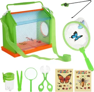 9 Pcs Bug Catcher Kit for Kids, Outdoor Explorer Kit Kid Insect Catching Toys with Bug Box Net Catcher Tweezer Magnifying Glass Observation Jar Whistle Stickers Instruction for 3 4 5 6 7 8 (Green)