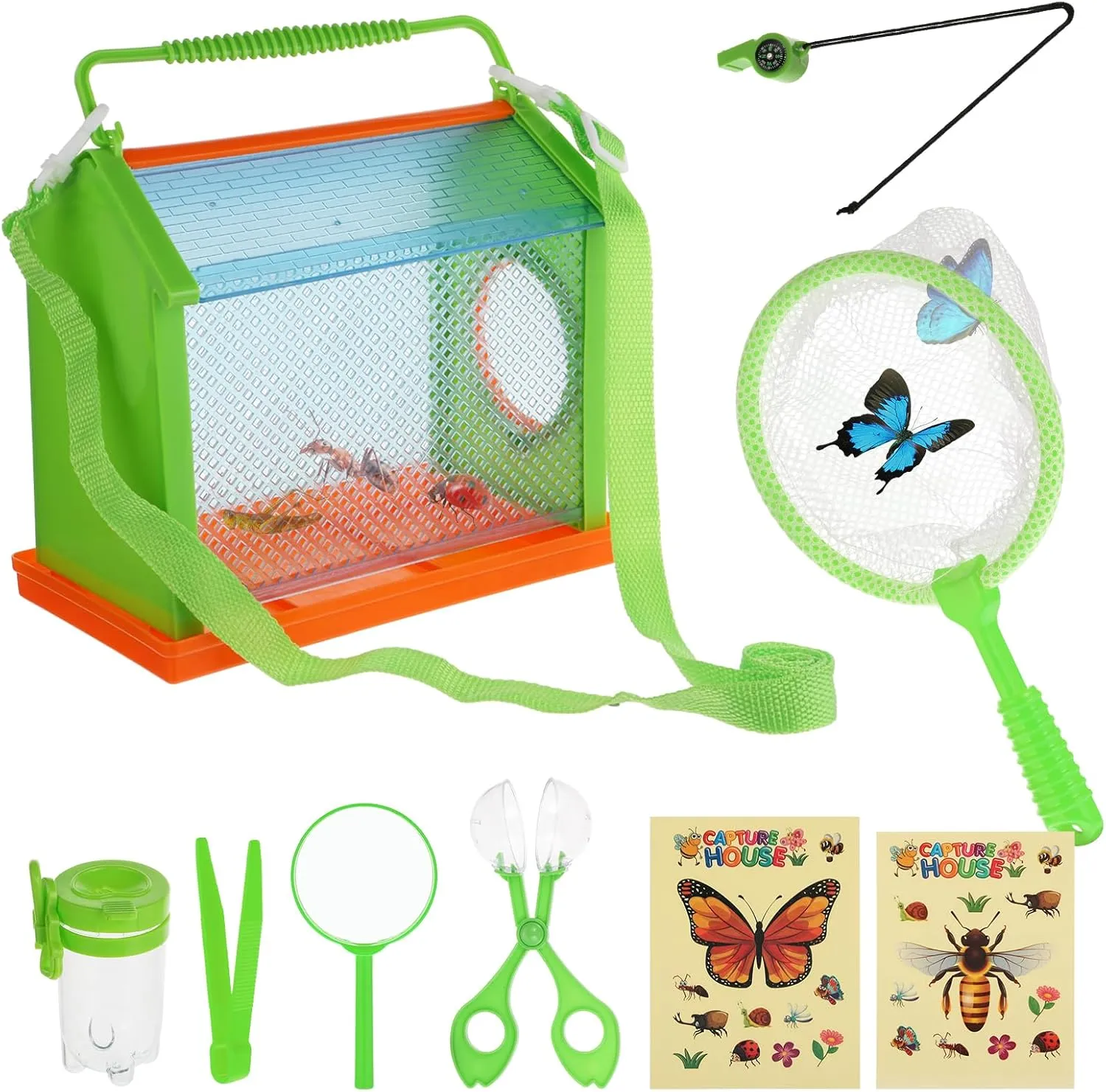 9 Pcs Bug Catcher Kit for Kids, Outdoor Explorer Kit Kid Insect Catching Toys with Bug Box Net Catcher Tweezer Magnifying Glass Observation Jar Whistle Stickers Instruction for 3 4 5 6 7 8 (Green)