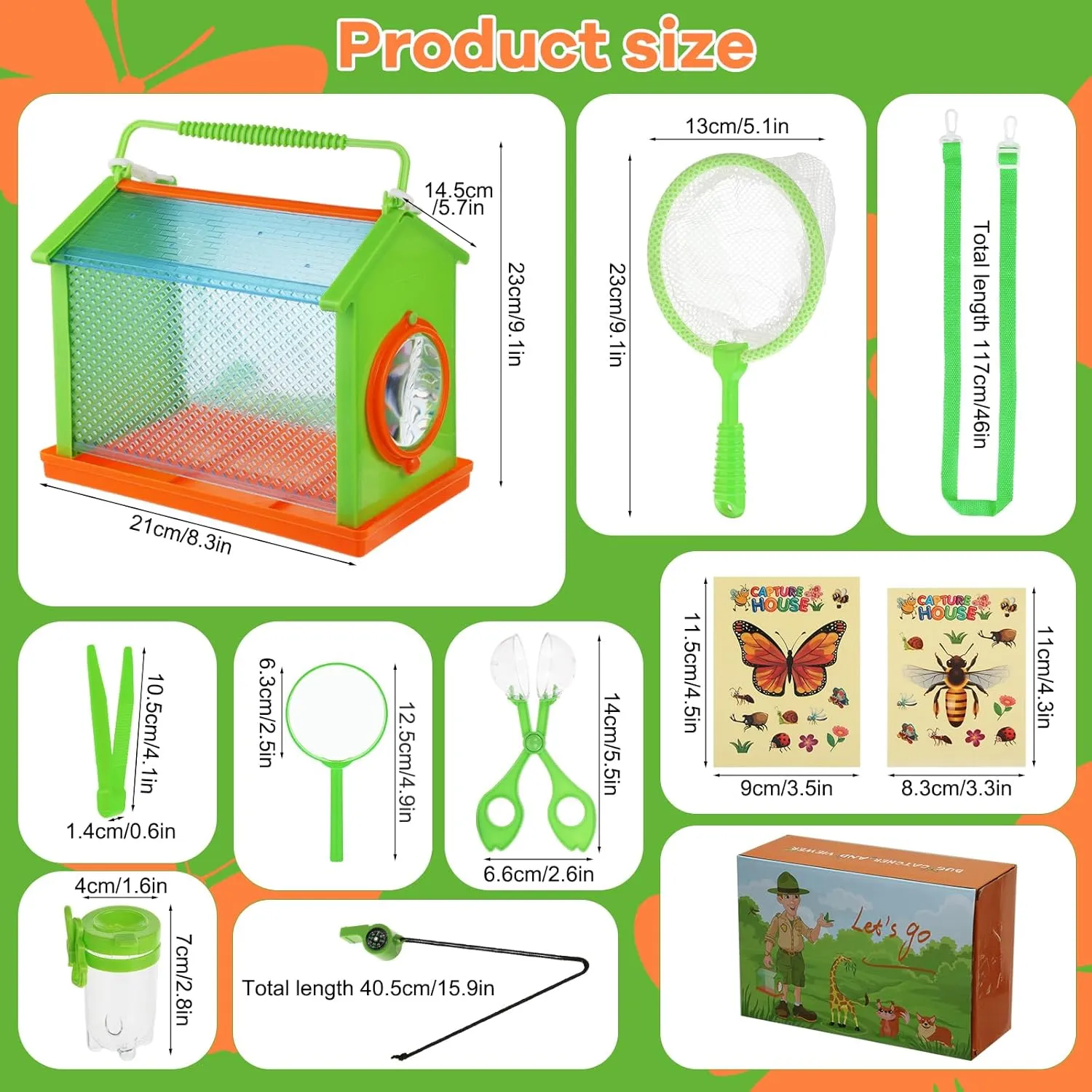 9 Pcs Bug Catcher Kit for Kids, Outdoor Explorer Kit Kid Insect Catching Toys with Bug Box Net Catcher Tweezer Magnifying Glass Observation Jar Whistle Stickers Instruction for 3 4 5 6 7 8 (Green)