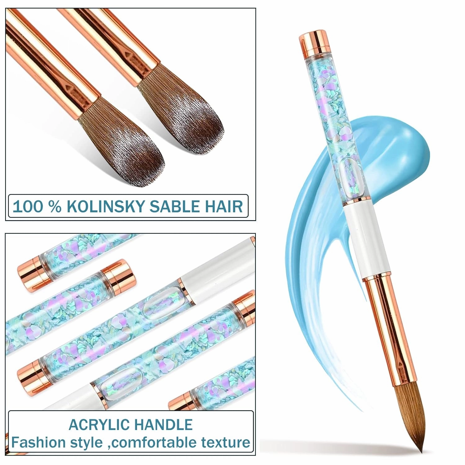 Acrylic Nail Brushes, Kolinsky Acrylic Nail Brush, for Acrylic Application High Quality Round Oval Shaped Nail Art Brush with Pink quicksand handle Handle for Acrylic Powder Nail Carved Extend Nails (8#, Blue)