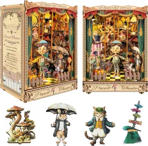 Adult Book Nook Kit, DIY Mini Dollhouse Book Corner Kit with LED Light and Dust Shield, Adult 3D Wooden Bookshelf Puzzle Book Corner Insertion Decorative Crafts - Puppet Theater (SQ-33)