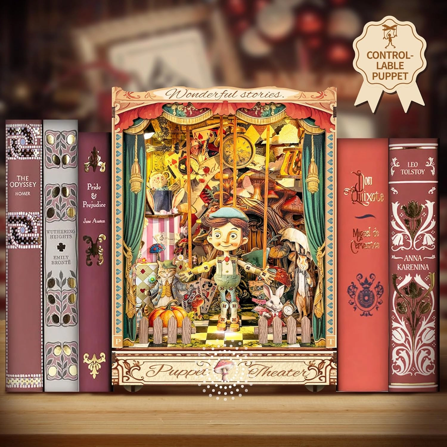Adult Book Nook Kit, DIY Mini Dollhouse Book Corner Kit with LED Light and Dust Shield, Adult 3D Wooden Bookshelf Puzzle Book Corner Insertion Decorative Crafts - Puppet Theater (SQ-33)