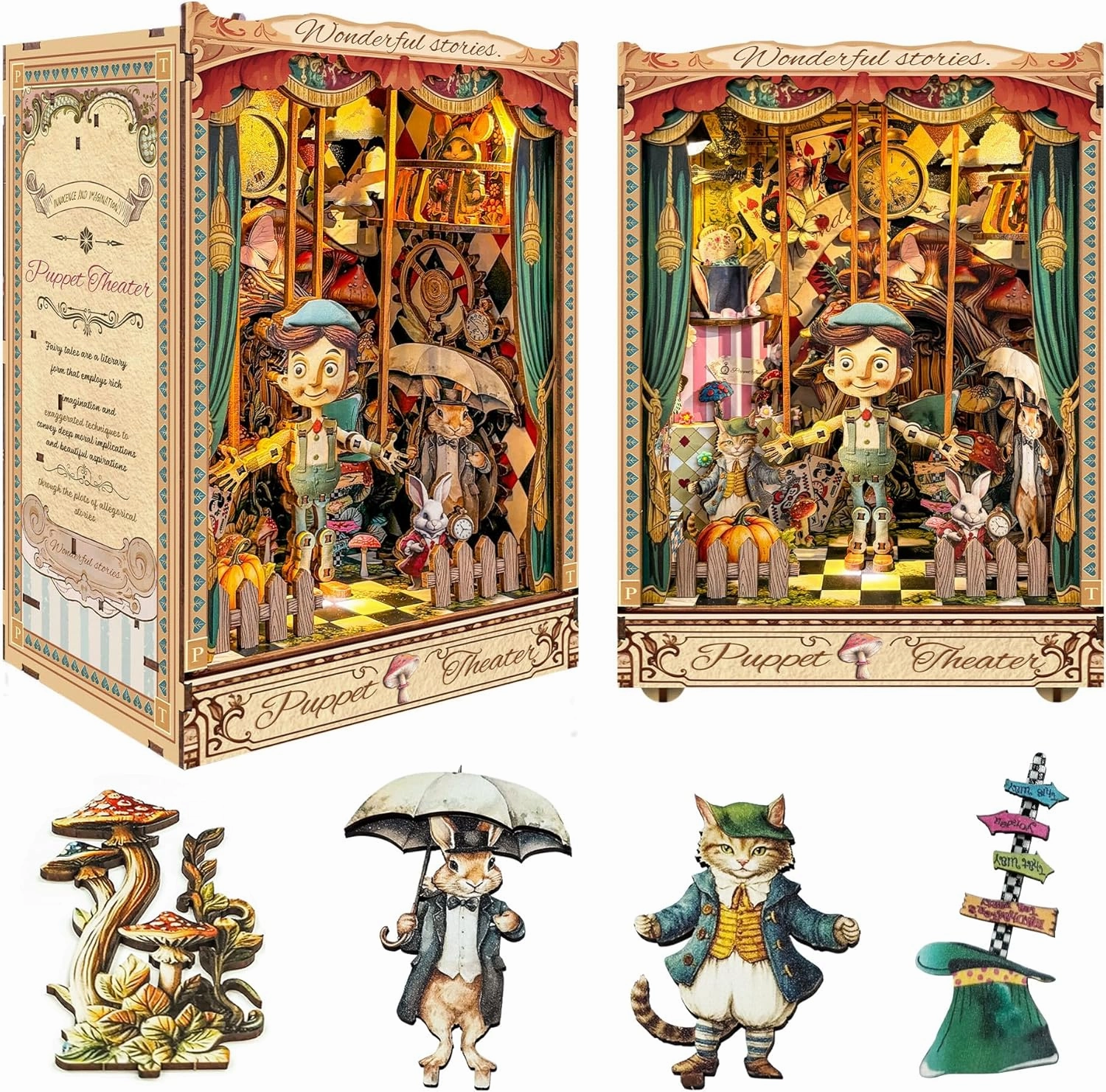 Adult Book Nook Kit, DIY Mini Dollhouse Book Corner Kit with LED Light and Dust Shield, Adult 3D Wooden Bookshelf Puzzle Book Corner Insertion Decorative Crafts - Puppet Theater (SQ-33)