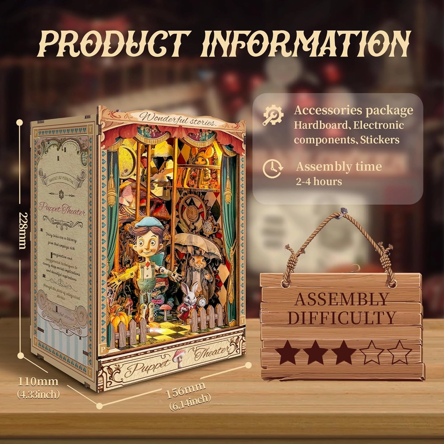 Adult Book Nook Kit, DIY Mini Dollhouse Book Corner Kit with LED Light and Dust Shield, Adult 3D Wooden Bookshelf Puzzle Book Corner Insertion Decorative Crafts - Puppet Theater (SQ-33)