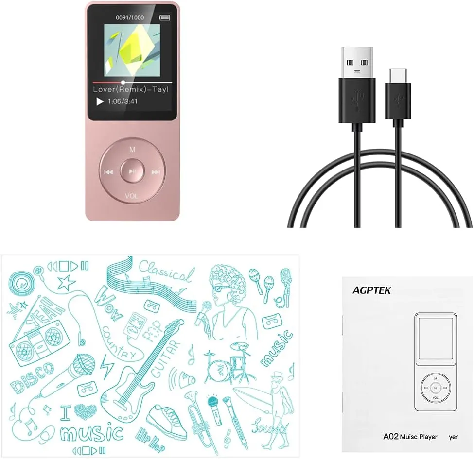 AGPTEK A02S 16GB MP3 Player, 70 Hours Playback Lossless Sound Music Player, Supports up to 128GB, Rose Gold