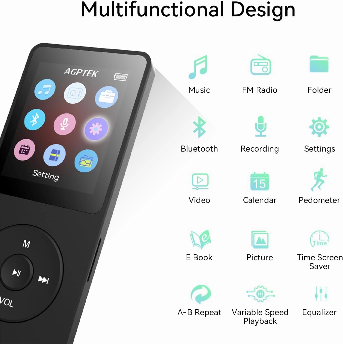 AGPTEK A02 MP3 Player with Bluetooth 5.3, 1.8 inch Screen Portable Music Player with Speaker, FM Radio, Voice Recorder, Supports Expanded Up to 128GB(Black, 32GB)