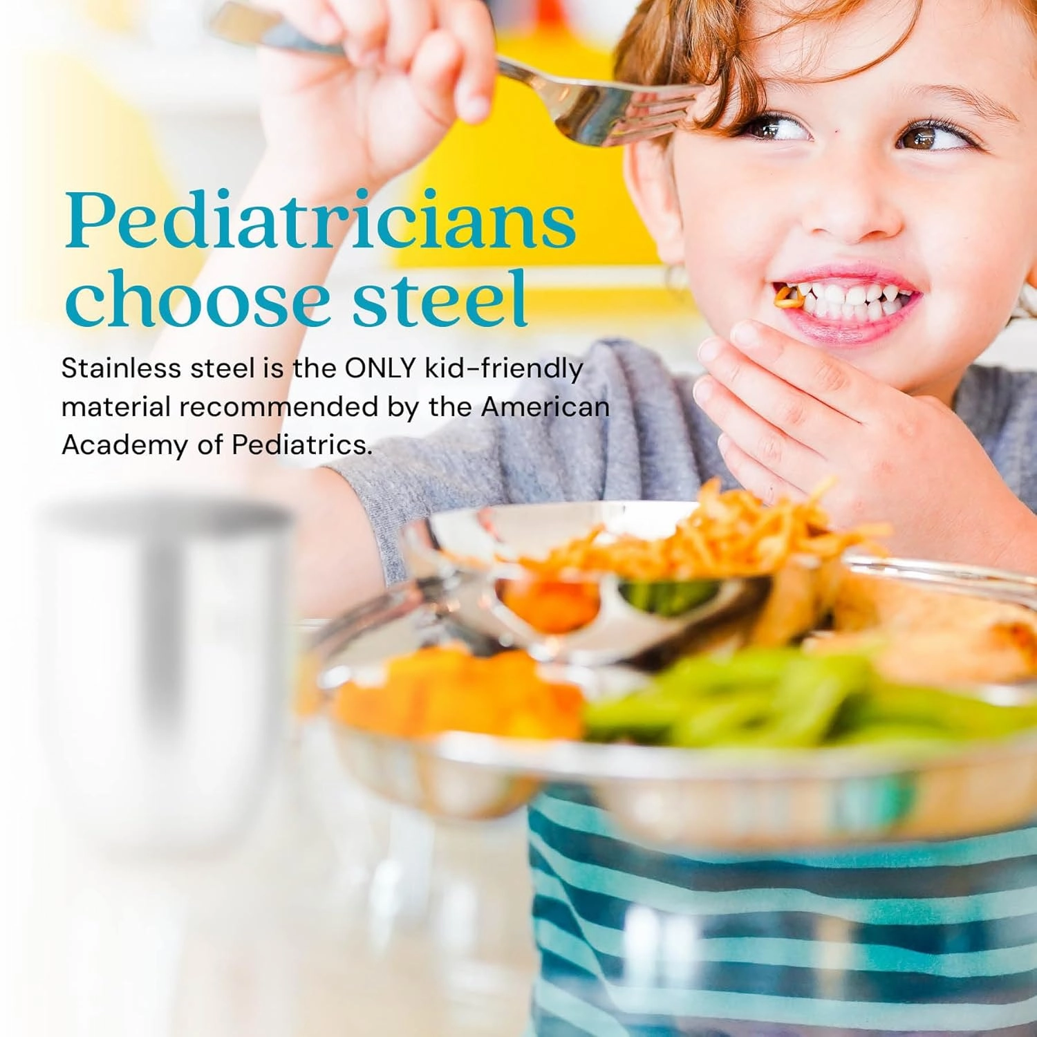 Ahimsa Stainless Steel Kids Dinnerware Set - 5 Piece Toddler Plates and Bowls Set, Pediatrician Designed, Includes Non Toxic Toddler Plate and Bowl, Kids Utensils and Cup (Classic Stainless Steel)
