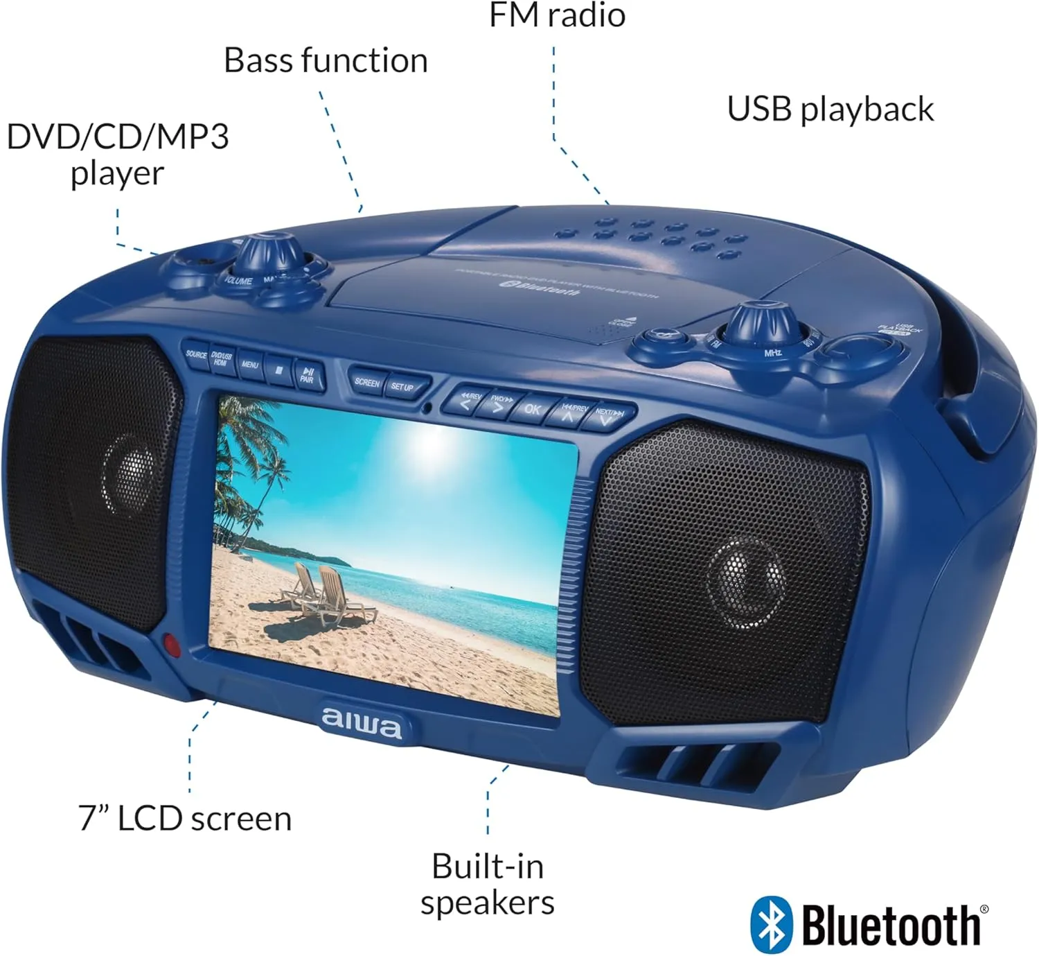 Aiwa Portable Boombox, Crystal Clear Sound with 3W x 2 Speakers and Bass Function, Featuring a 7" LCD Display, Bluetooth Connectivity, FM Radio, CD/DVD Player, Streaming on Roku and Amazon Firestick
