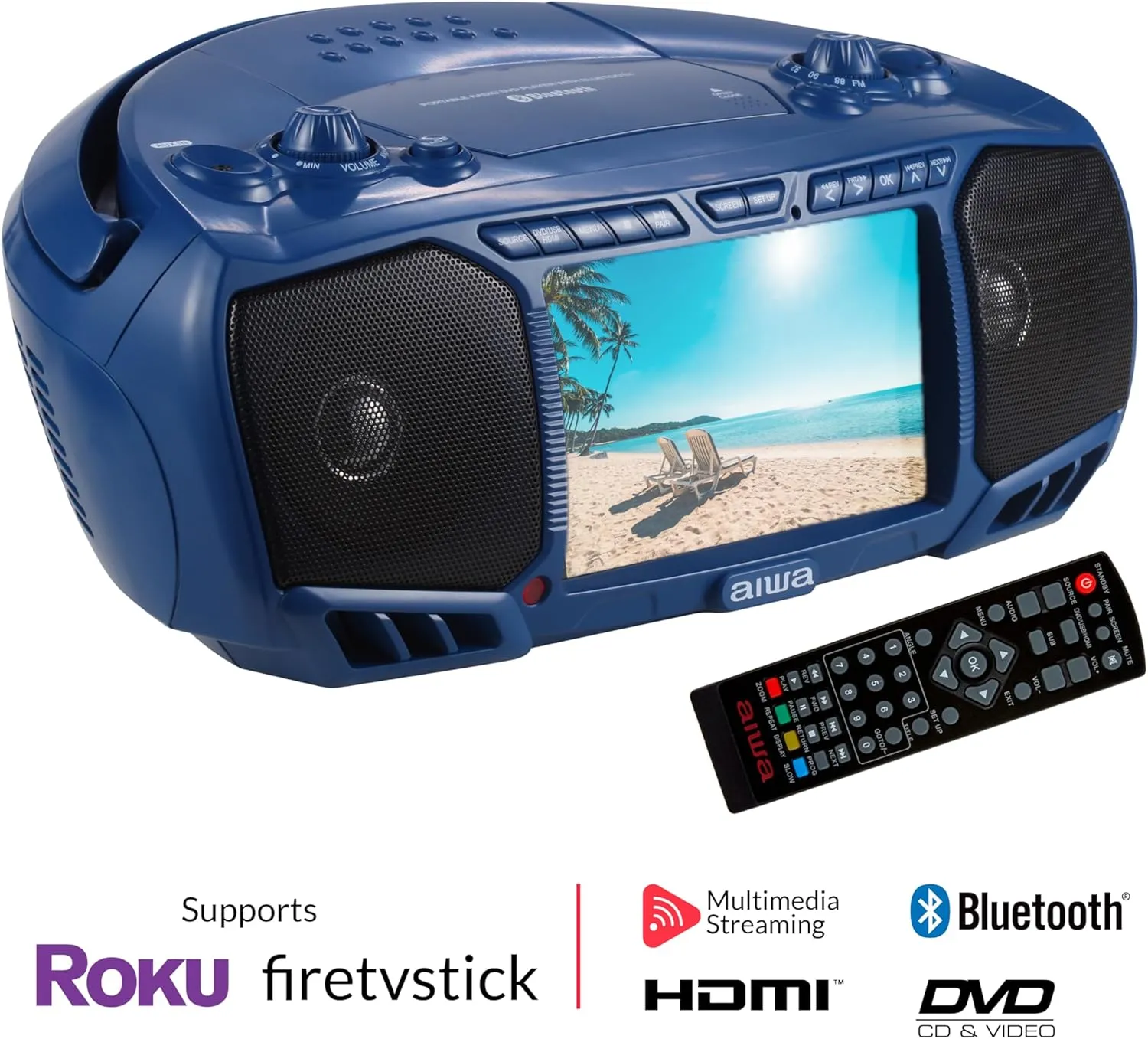 Aiwa Portable Boombox, Crystal Clear Sound with 3W x 2 Speakers and Bass Function, Featuring a 7" LCD Display, Bluetooth Connectivity, FM Radio, CD/DVD Player, Streaming on Roku and Amazon Firestick