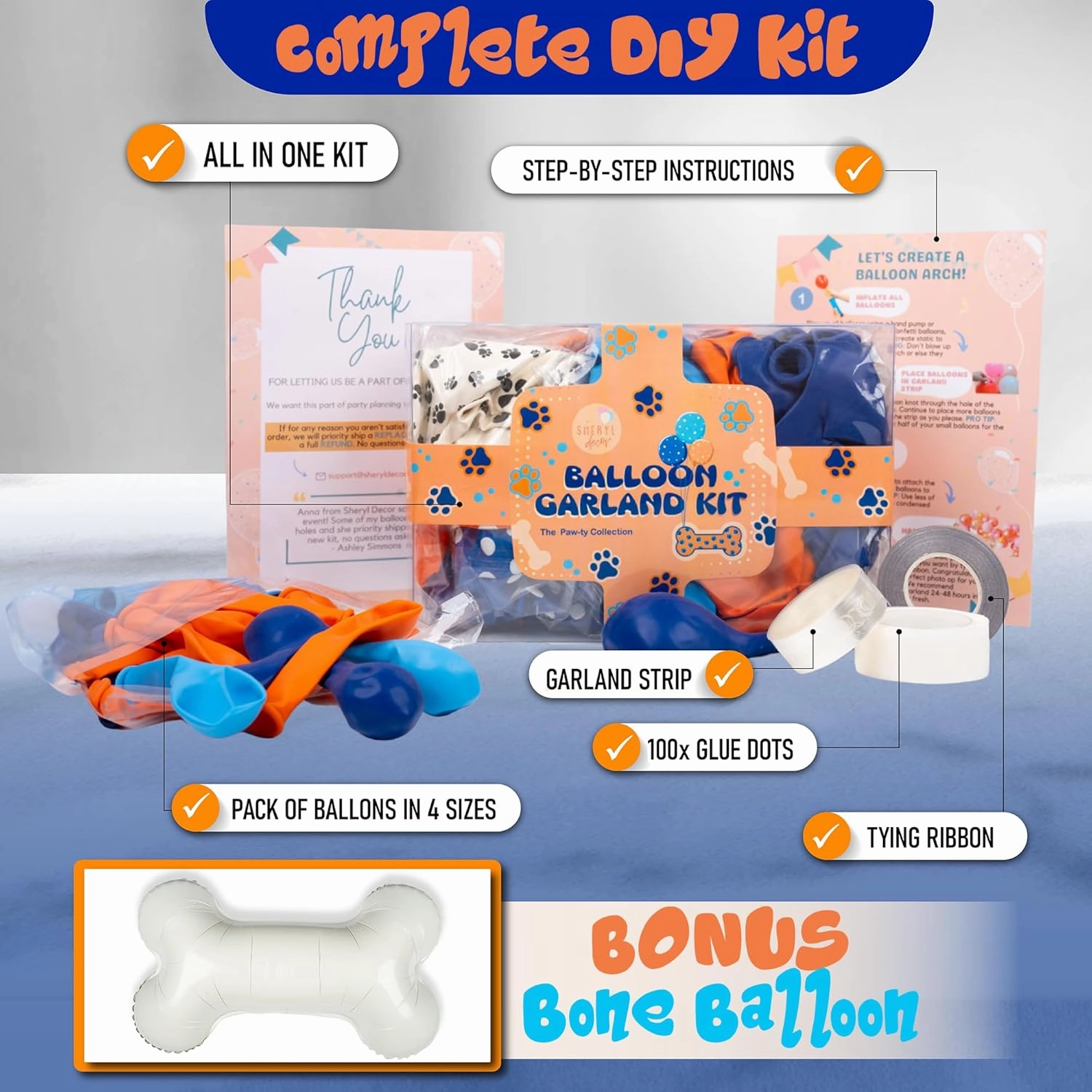 ALL-IN-1 Balloons Arch & Garland Kit with BONUS Dog Bone Small and Large Blue & Orange Party Balloons Blue Themed Party Decorations & Supplies for Boy or Girl Birthday