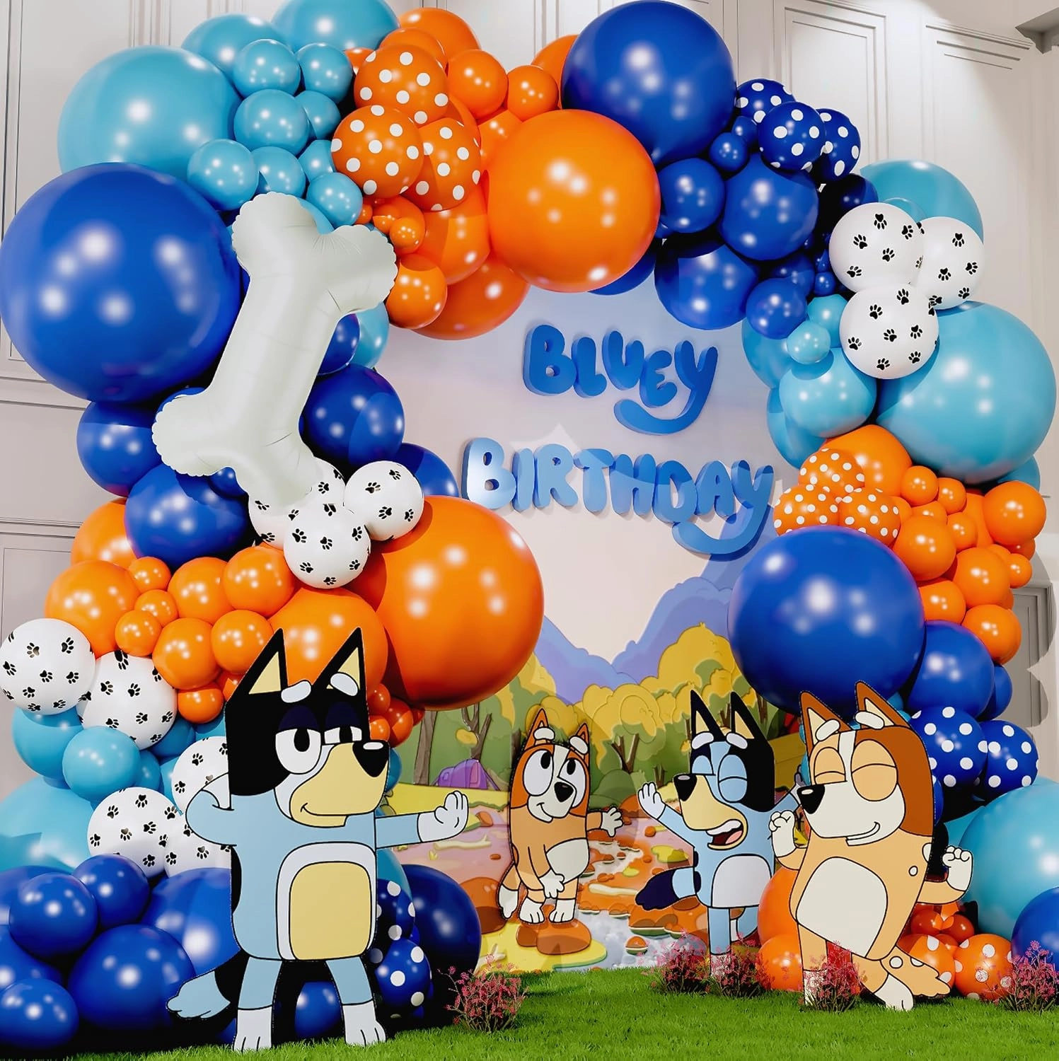 ALL-IN-1 Balloons Arch & Garland Kit with BONUS Dog Bone Small and Large Blue & Orange Party Balloons Blue Themed Party Decorations & Supplies for Boy or Girl Birthday