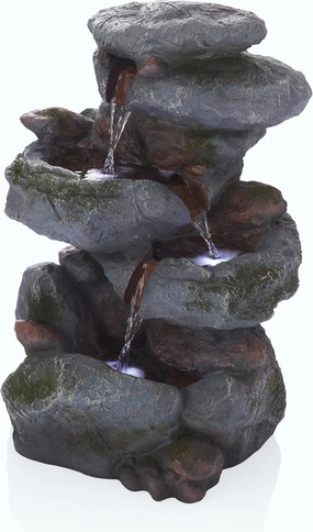 Alpine Corporation - Outdoor 3-Tier Rock Waterfall Fountain with LED Lights for Garden, Patio, Yard, and Porch Decor, Natural Stone Look, 22" H (Gray)