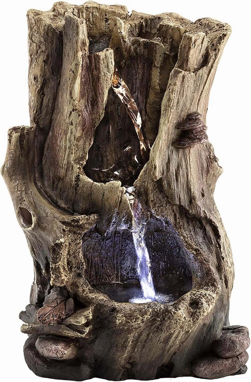 Alpine Corporation WIN326 Indoor Tabletop Light-Up Tiered Rainforest Tree Trunk Water Fountain with LED Lights, 11", Brown