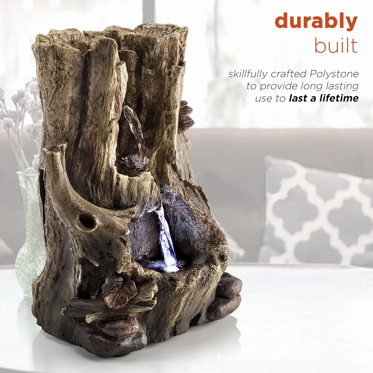 Alpine Corporation WIN326 Indoor Tabletop Light-Up Tiered Rainforest Tree Trunk Water Fountain with LED Lights, 11", Brown