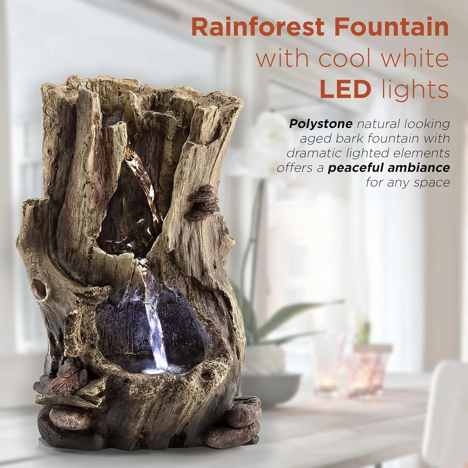 Alpine Corporation WIN326 Indoor Tabletop Light-Up Tiered Rainforest Tree Trunk Water Fountain with LED Lights, 11", Brown