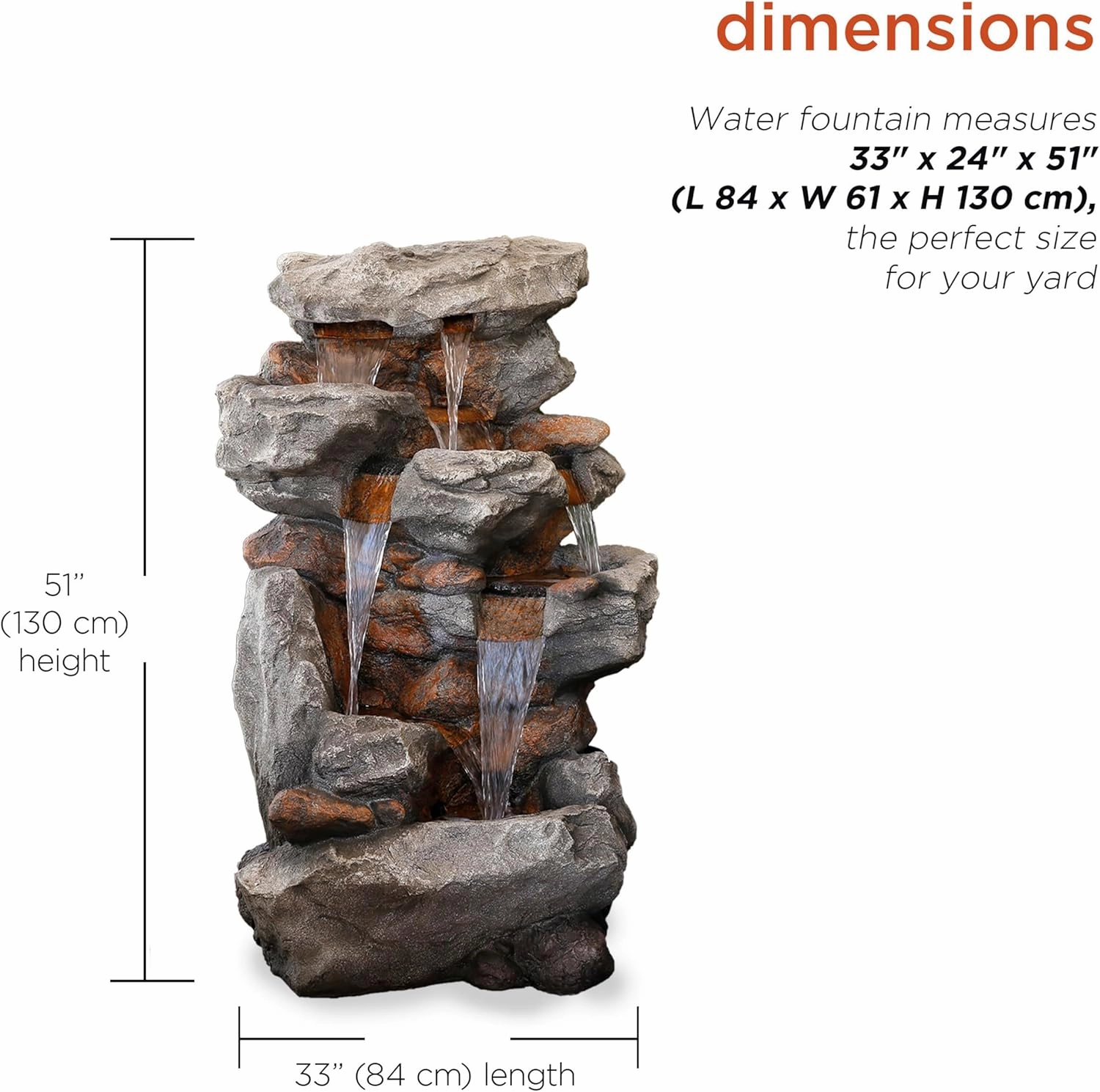 Alpine Corporation WIN730 Outdoor Floor Tiered Rock Waterfall Fountain with LED Lights and Natural Stone Look, 52", Brown
