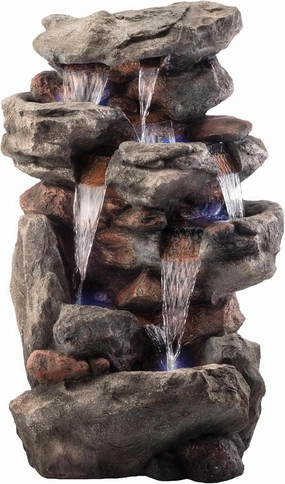 Alpine Corporation WIN730 Outdoor Floor Tiered Rock Waterfall Fountain with LED Lights and Natural Stone Look, 52", Brown