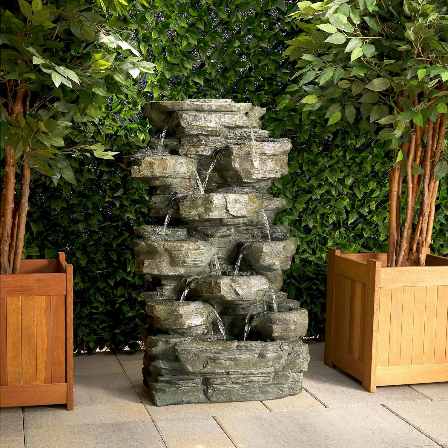 Alpine Corporation WIN930 Outdoor Multitiered Cascading Rock Garden Water Floor Fountain with LED Lights, 39" H, Green