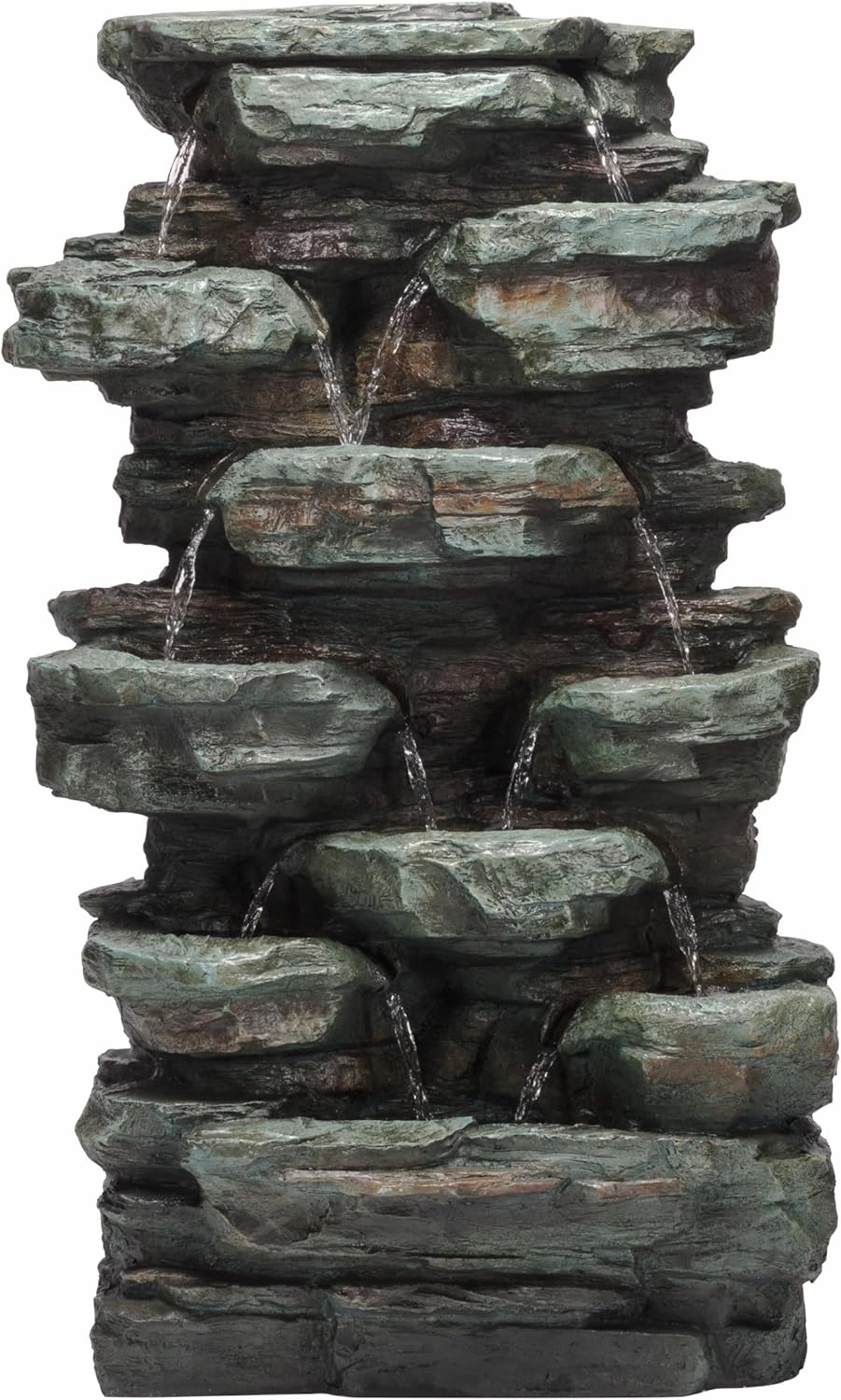 Alpine Corporation WIN930 Outdoor Multitiered Cascading Rock Garden Water Floor Fountain with LED Lights, 39" H, Green