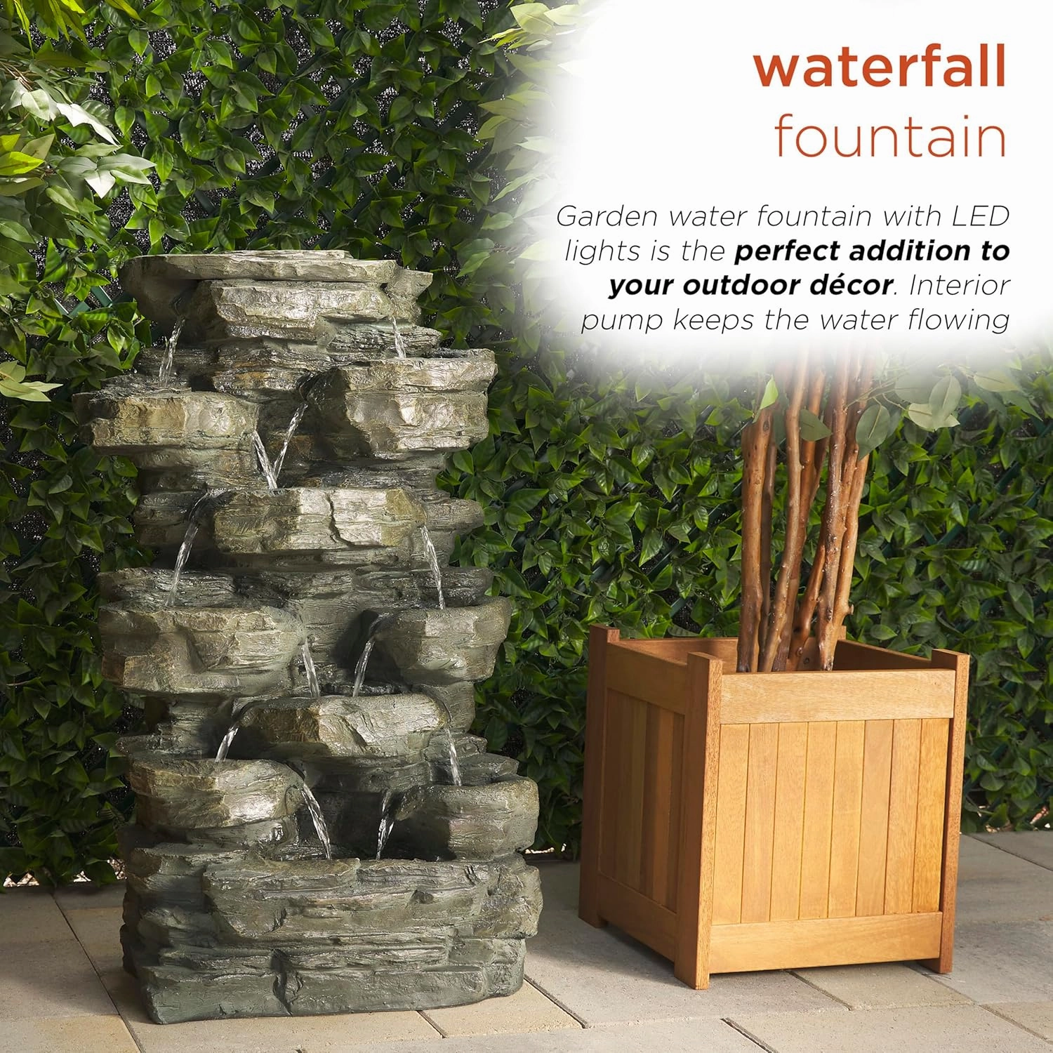 Alpine Corporation WIN930 Outdoor Multitiered Cascading Rock Garden Water Floor Fountain with LED Lights, 39" H, Green