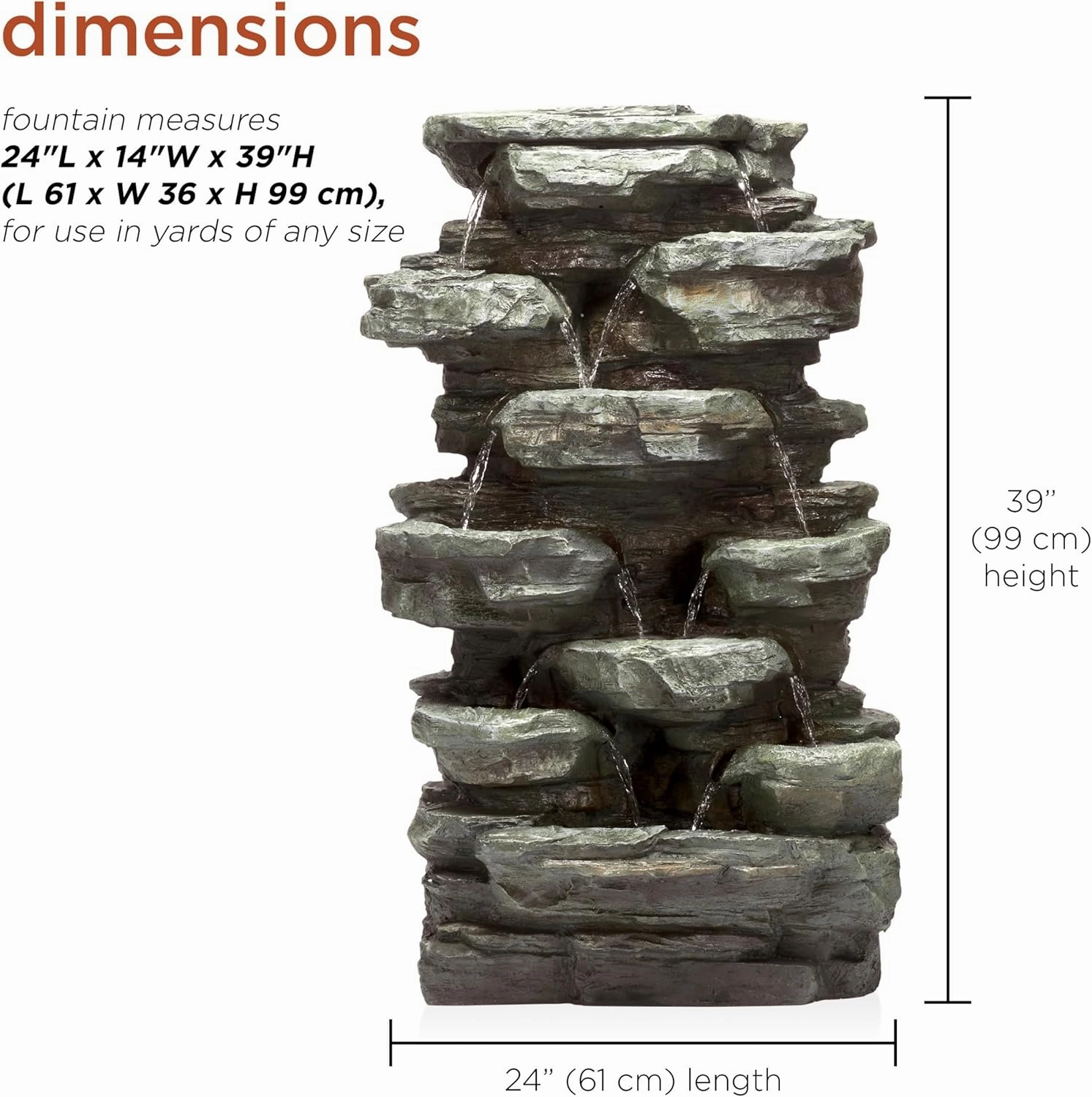 Alpine Corporation WIN930 Outdoor Multitiered Cascading Rock Garden Water Floor Fountain with LED Lights, 39" H, Green