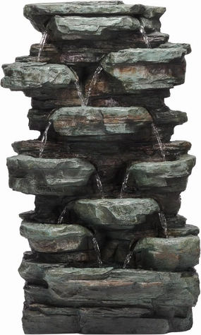 Alpine Corporation WIN930 Outdoor Multitiered Cascading Rock Garden Water Floor Fountain with LED Lights, 39" H, Green