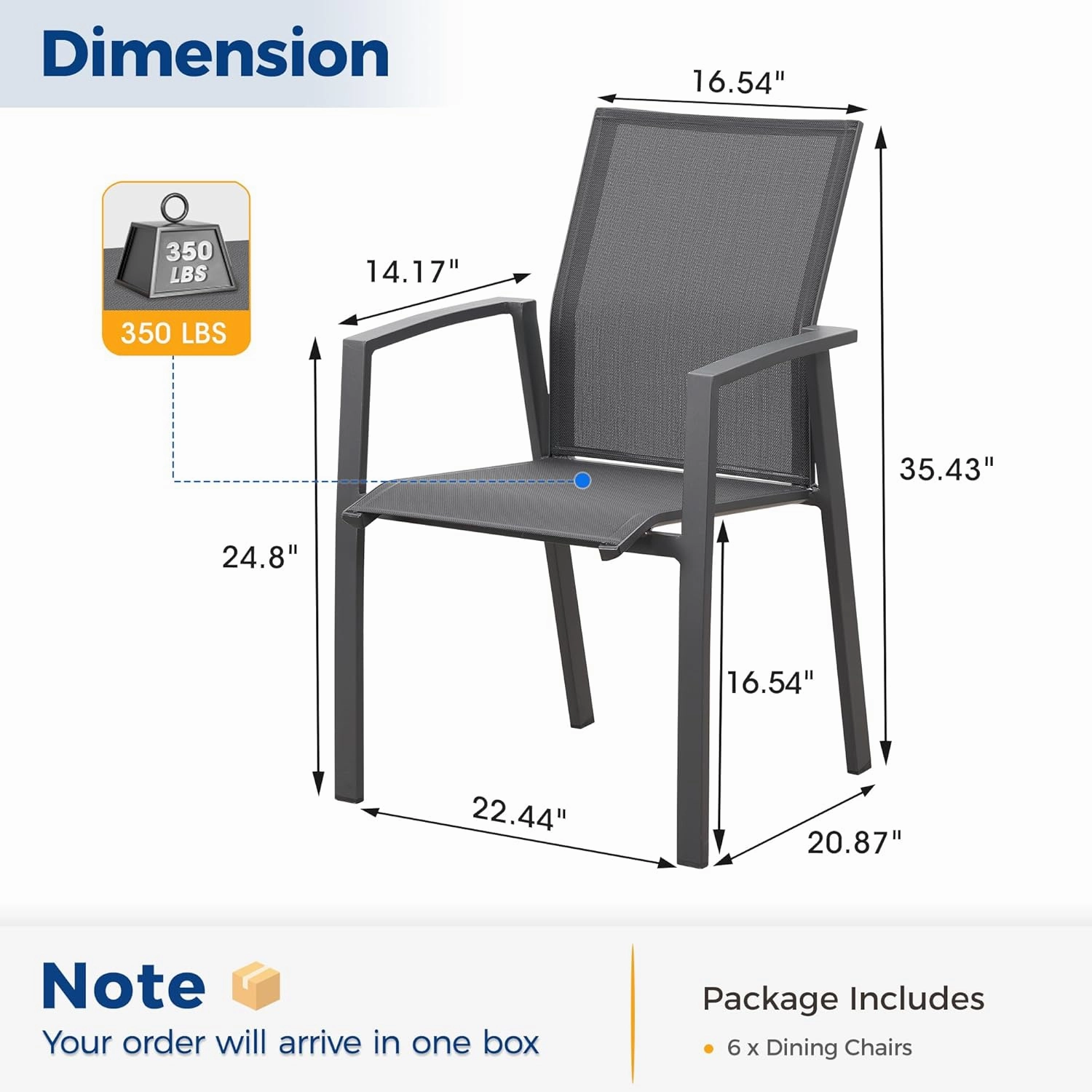 Aluminum Patio Chairs Set of 6, Fully Assembled Outdoor Dining Chairs with 360 lbs Weight Capacity, Stackable Outdoor Patio Furniture with Quick Drying Breathable Textilene Fabric for Garden, Backyard