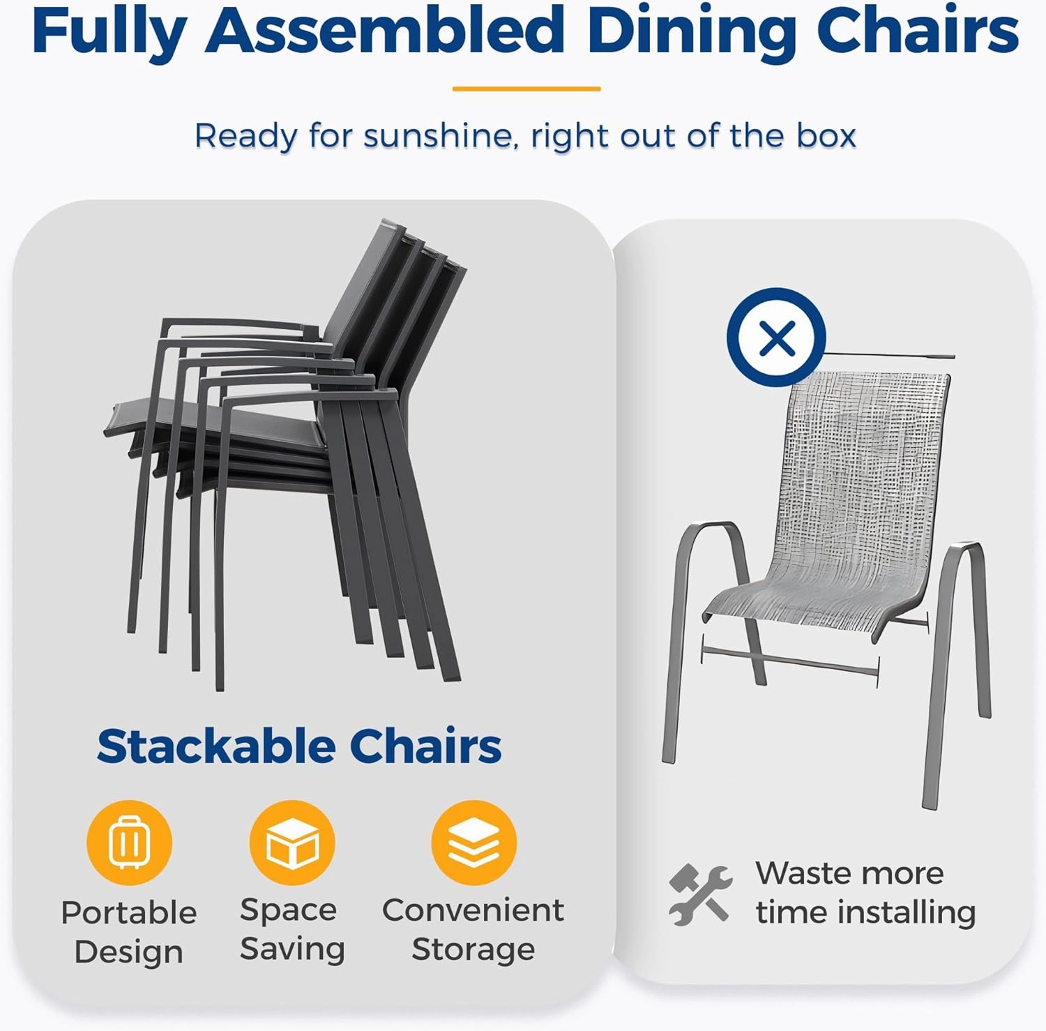 Aluminum Patio Chairs Set of 6, Fully Assembled Outdoor Dining Chairs with 360 lbs Weight Capacity, Stackable Outdoor Patio Furniture with Quick Drying Breathable Textilene Fabric for Garden, Backyard