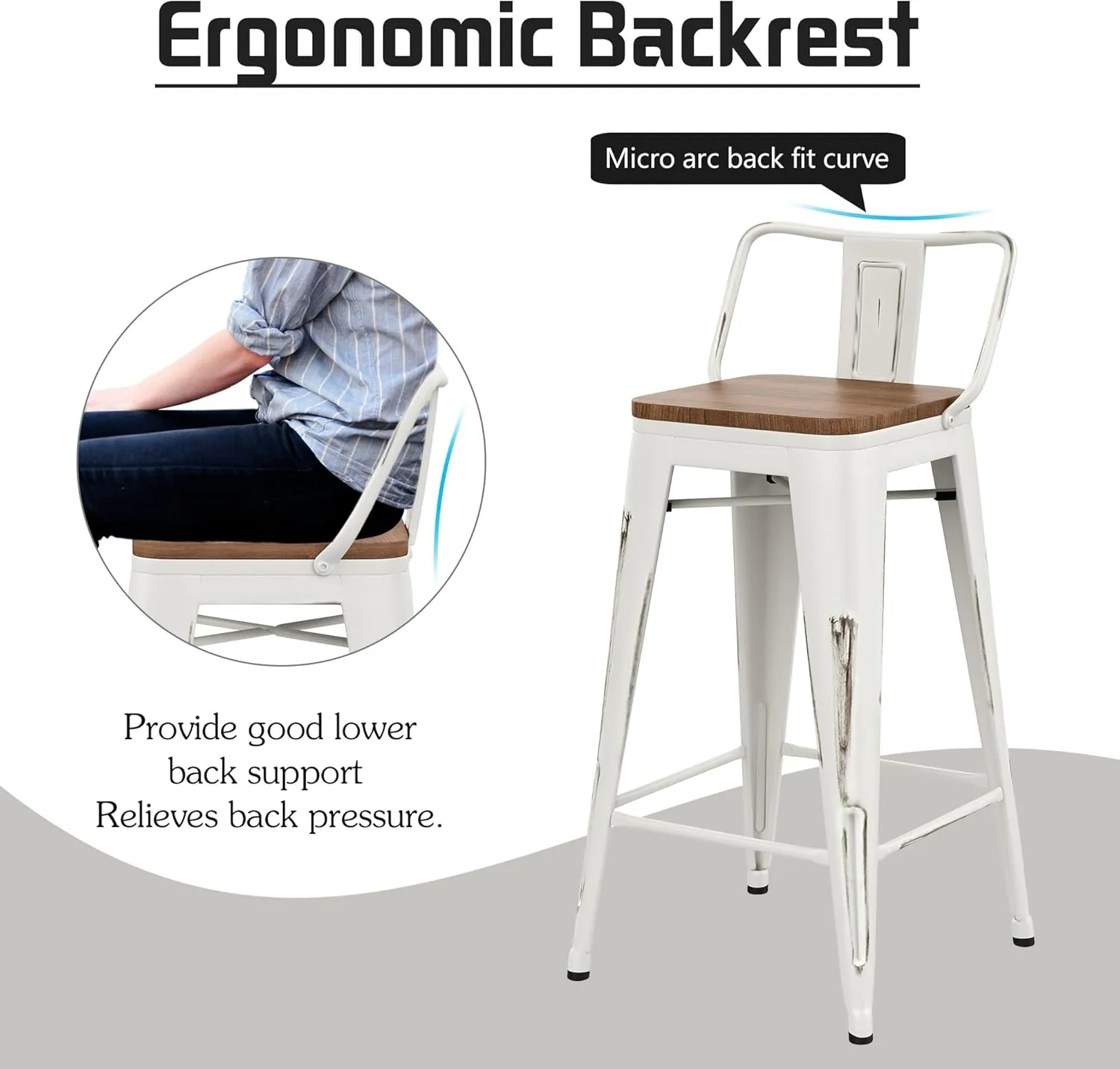 Alunaune 24" Metal Bar Stools Set of 4 Counter Height Barstools Industrial Counter Stool Kitchen Bar Chairs with Modern Wooden Seat, Distressed White