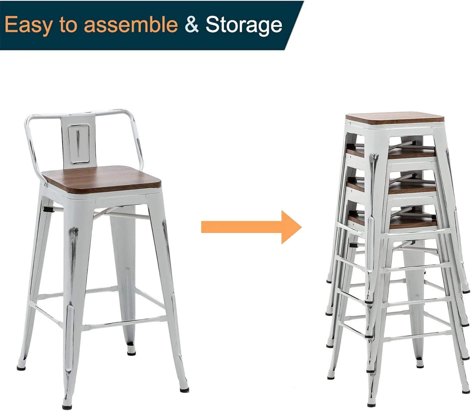 Alunaune 24" Metal Bar Stools Set of 4 Counter Height Barstools Industrial Counter Stool Kitchen Bar Chairs with Modern Wooden Seat, Distressed White
