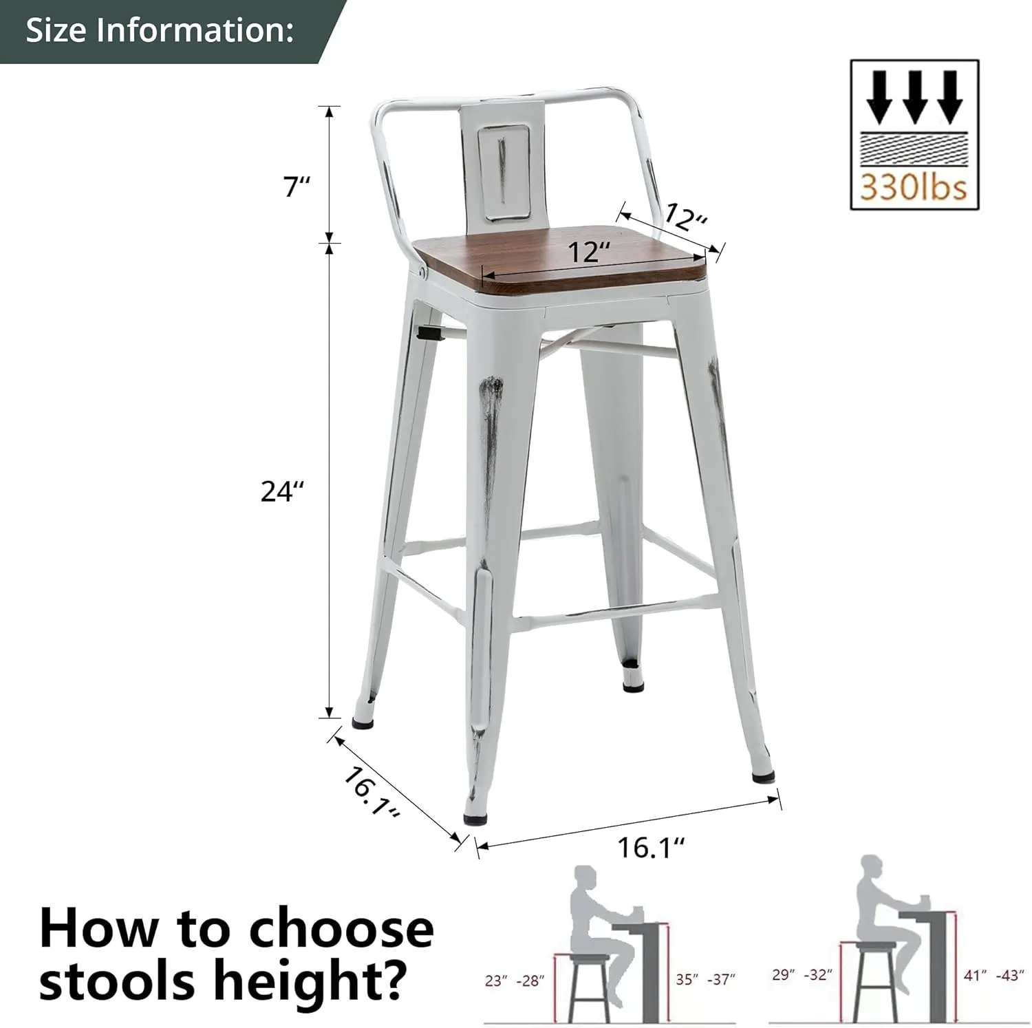 Alunaune 24" Metal Bar Stools Set of 4 Counter Height Barstools Industrial Counter Stool Kitchen Bar Chairs with Modern Wooden Seat, Distressed White