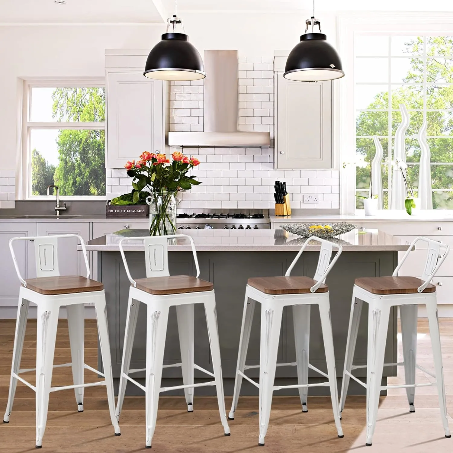 Alunaune 24" Metal Bar Stools Set of 4 Counter Height Barstools Industrial Counter Stool Kitchen Bar Chairs with Modern Wooden Seat, Distressed White