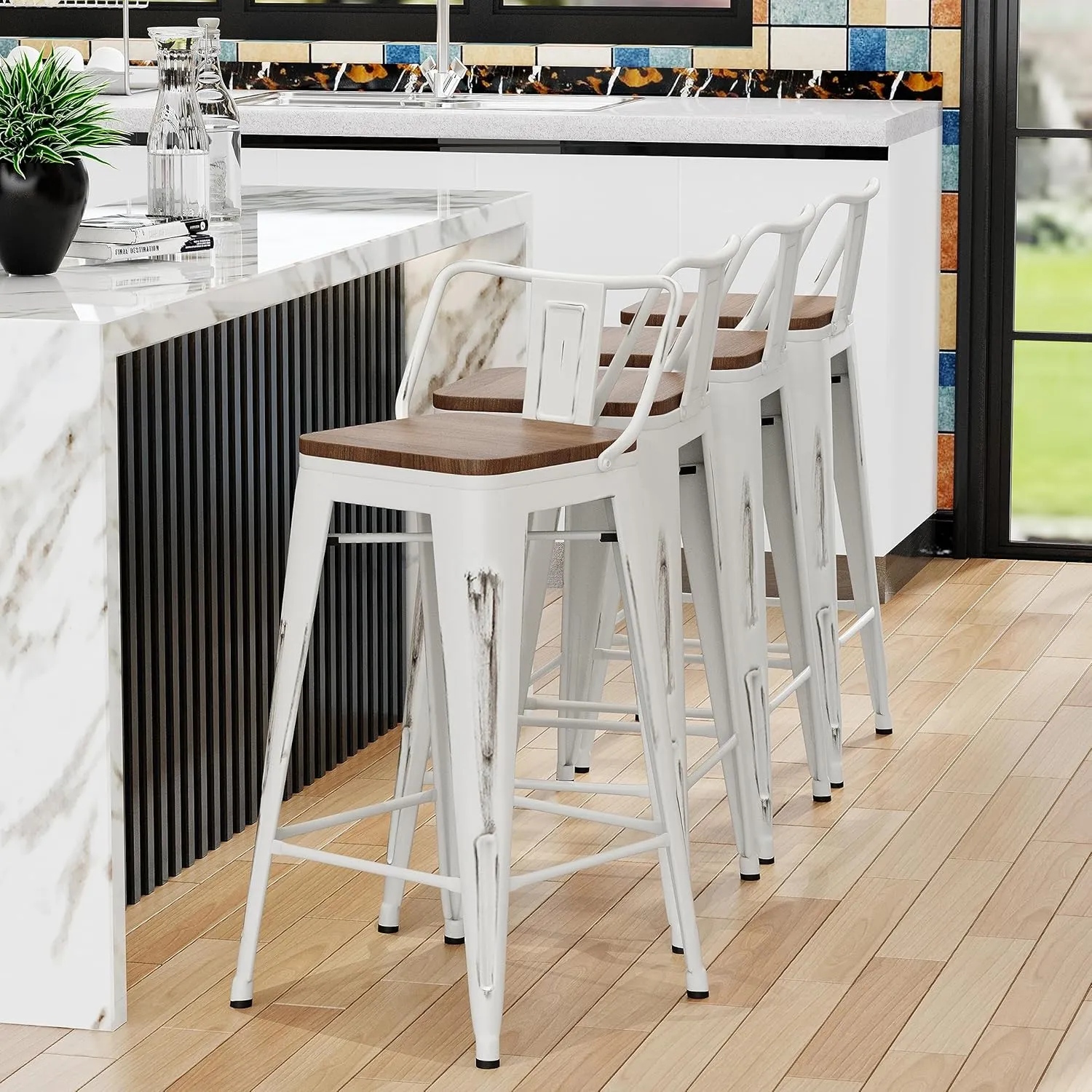 Alunaune 24" Metal Bar Stools Set of 4 Counter Height Barstools Industrial Counter Stool Kitchen Bar Chairs with Modern Wooden Seat, Distressed White