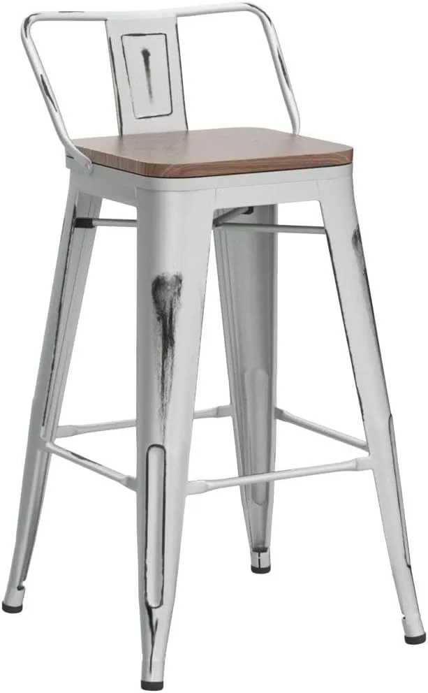 Alunaune 24" Metal Bar Stools Set of 4 Counter Height Barstools Industrial Counter Stool Kitchen Bar Chairs with Modern Wooden Seat, Distressed White