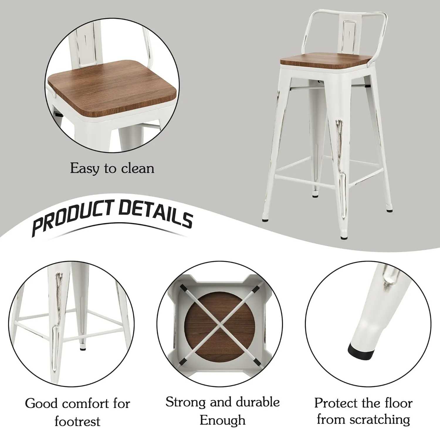 Alunaune 24" Metal Bar Stools Set of 4 Counter Height Barstools Industrial Counter Stool Kitchen Bar Chairs with Modern Wooden Seat, Distressed White