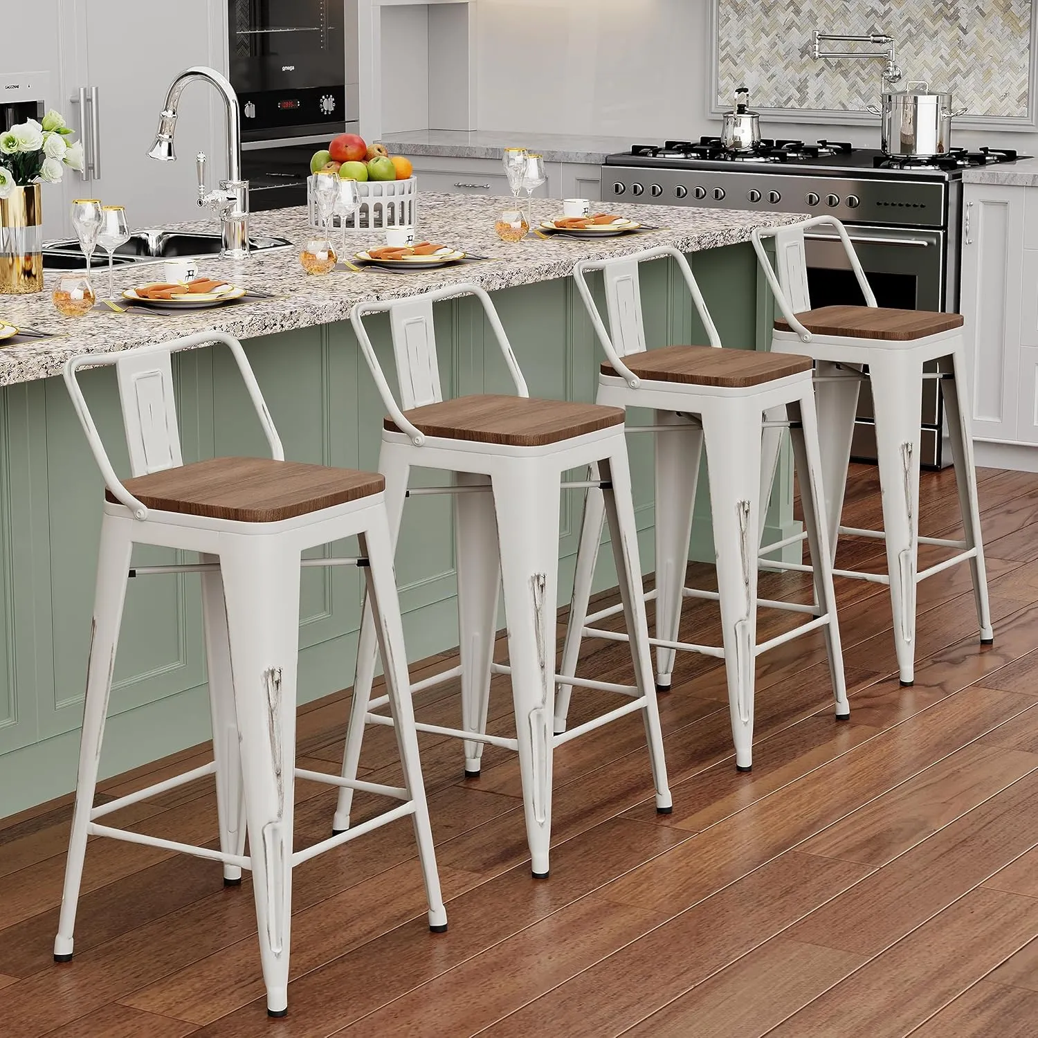 Alunaune 24" Metal Bar Stools Set of 4 Counter Height Barstools Industrial Counter Stool Kitchen Bar Chairs with Modern Wooden Seat, Distressed White