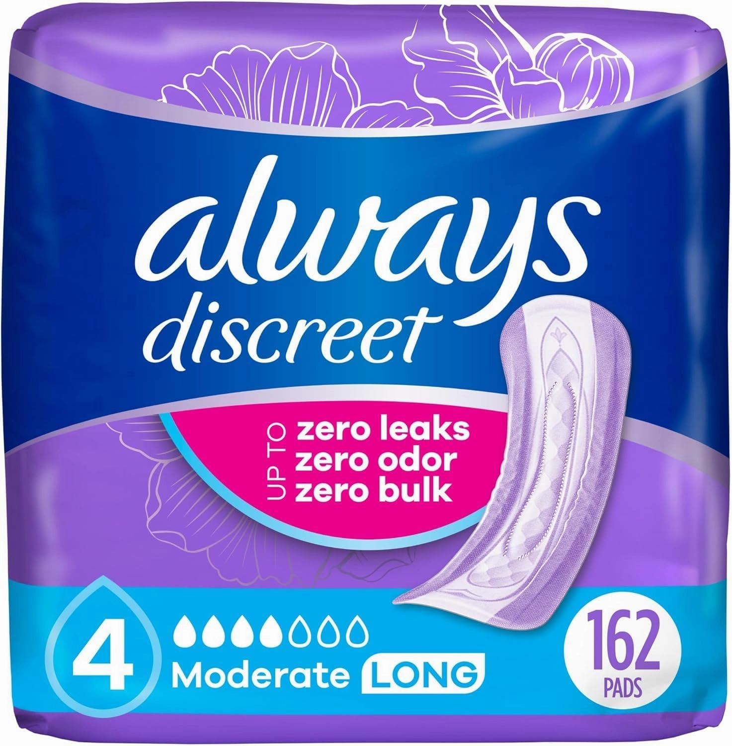 Always Discreet Adult Incontinence Pads for Women, Moderate Absorbency, Long Length, Postpartum Pads, 162 Count (Packaging May Vary)