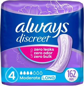 Always Discreet Adult Incontinence Pads for Women, Moderate Absorbency, Long Length, Postpartum Pads, 162 Count (Packaging May Vary)