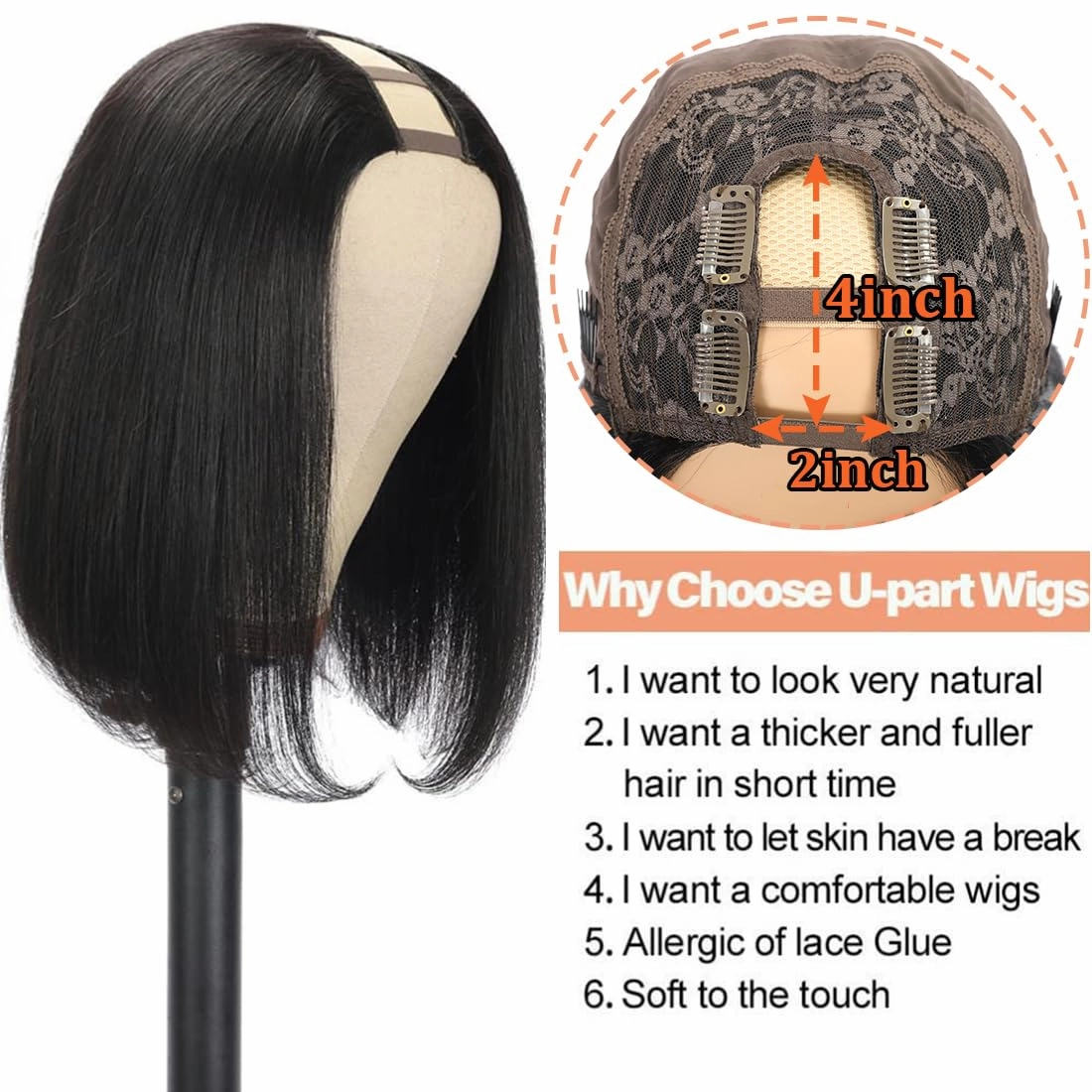 Amella Hair 8inch U Part Bob Wig Human Hair Short Straight U Part Human Hair Wig Glueless Full Head Clip in Half Wig U Shape Wig 150% Density Bob Straight Human Hair Wig